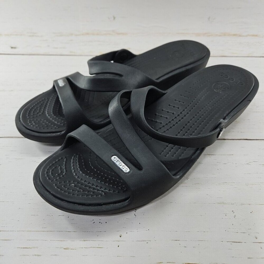 Crocs Patricia Womens Size 11 Black Wedge Sandal Strappy Slip On Slides